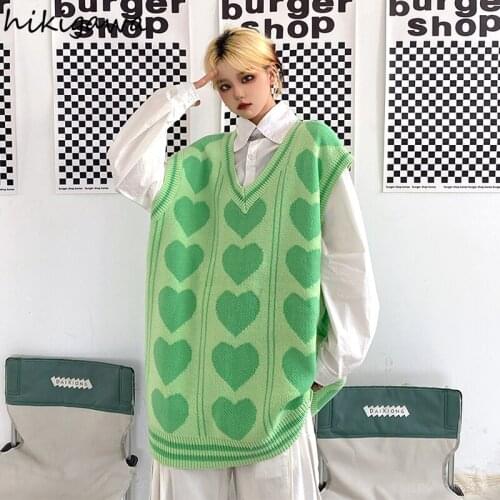Hikigawa Sweater Vest Women Korean Loose V Neck Sleeveless Knitted Pullover Tops Love Heart Jacquard Fashion Waistcoat Female