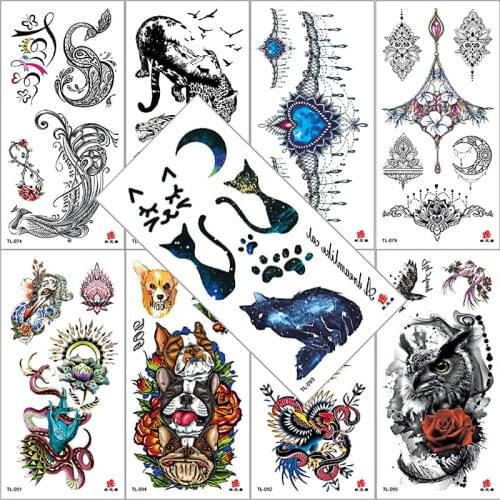 Temporary Watercolor Animal Print Cat Dog Bird Women Kids Tattoo Sticker Cool Black Painting Waterproof Body Art Washable Tatoo