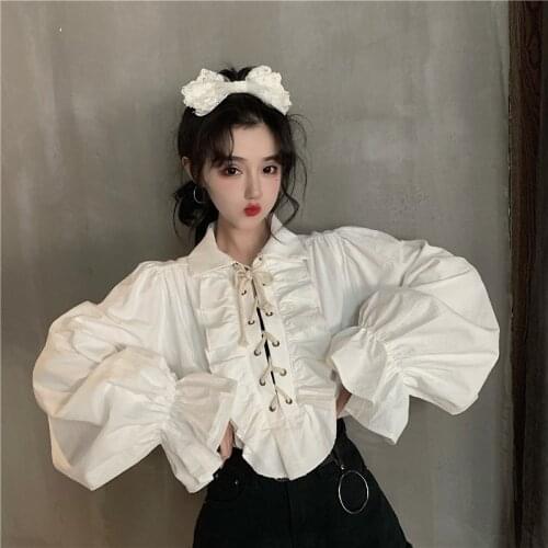 Women Retro Blousers Ruffles Lolita Floral Drawstring Shirt Medieval Blouses Gothic Lolita Blouse Victorian Women Ladies Shirt