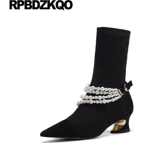 Sheepskin Pointed Toe Women Boots Winter 2021 Slip On Sock Chunky Black Stretch Pearl Suede High Quality Elegant Ankle Shoes Fur