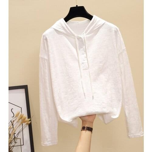 100% Cotton Hooded Women T-shirts 2021 New Solid White Black Loose Female Long-sleeved Top Tees Casual Fashion Outwear Tops
