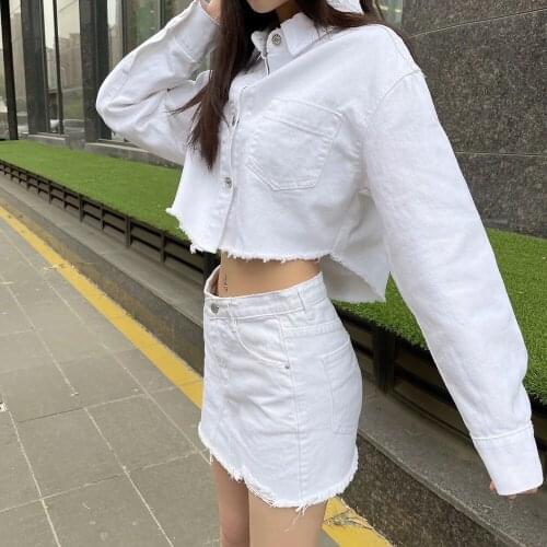 2021 Summer Women Two-piece Set Streetwear White Tassel Short Denim Loose Jacket Female Vintage Casual High Waist Skirt Set