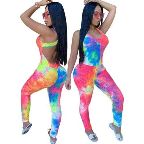 Tie Dye Halter Neck Jumpsuit Jacquard Tight Sleeveless Open Back Lace Up Night Club One Piece Overall Playsuit Plus Size XS-5XL