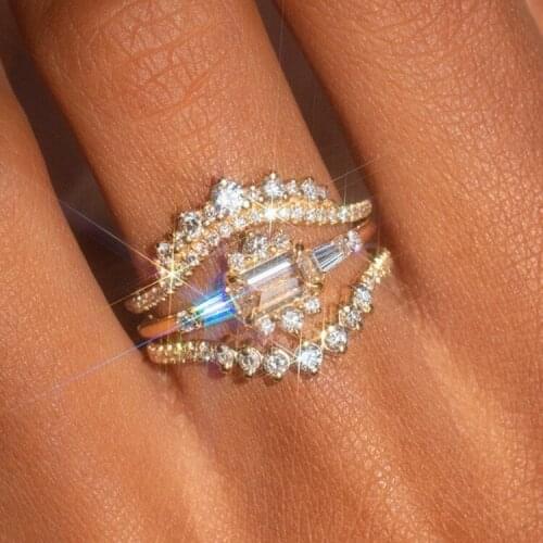 3pcs/set Vintage Square Cut Natural Crystal Engagement Ring Set Anniversary Gift For Women Wedding Banquet Party Jewelry Ring