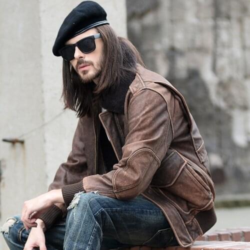 Free shipping.2018 Brand man winter warm thick leather Jackets mens genuine Leather vintage A2 jacket.Brown fur coat