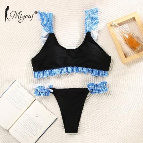 Miyouj Ruffle Floral Bikini Solid Swimsuit Lace Up Biquinis Feminino New Print Swimwear Women Bathing Suit String Bikinis Set