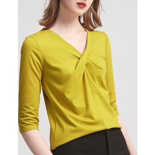 Temperament Elegant Women Asymmetry V-Neck Shirts Print Blouses Solid Color Casual Tops Ropa De Mujer Blusas MM1155