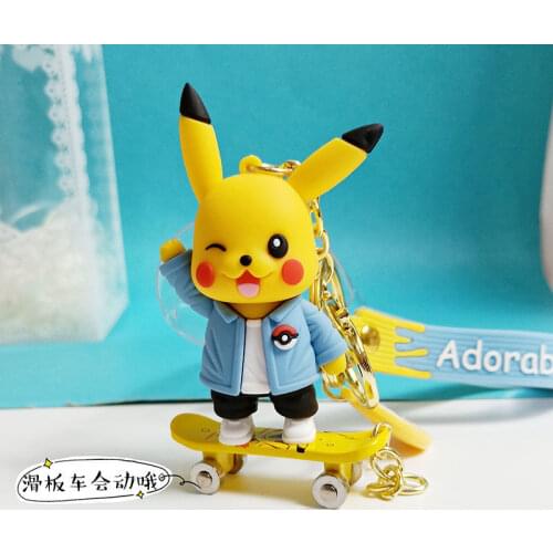 2021 Pokemon Pikachu Keychain Cartoon Cute Kirby Eevee Pokeball Boy Girl Birthday Gift Skateboard/Glow/Music Pikachu Keychain