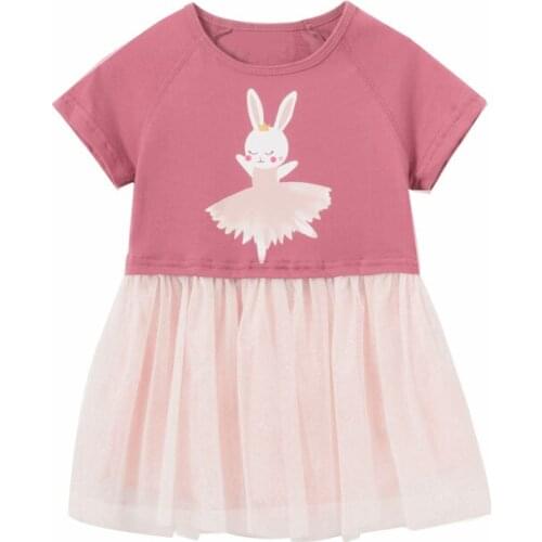 Jumping Meters Breathable Girls with Dancing Bunny Pattern Cotton Kids Summer Short Sleeve Dress for Casual Skirt 2-7Years