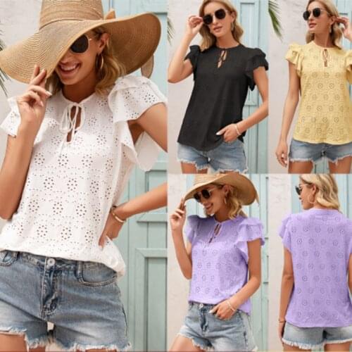 Womens White Chain Link Flower Hollow Tie O-neck T Shirt Lotus Leaf Sleeve Pullover Casual All-match Ladies' Black Summer Top