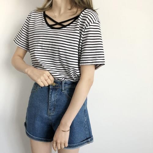 Hot tide summer loose cotton comfortable cross-strapped T-shirt 2018 womens short-sleeved pure cotton Korea sexy back LQ0117