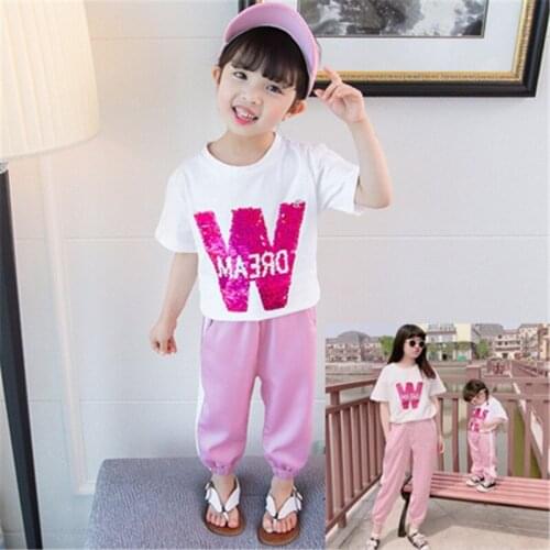 Baby Girl Mother Fashion Summer Clothing set Sequins Tees shirts +Pants,2019 childrens Parants clothes kids Casual suits
