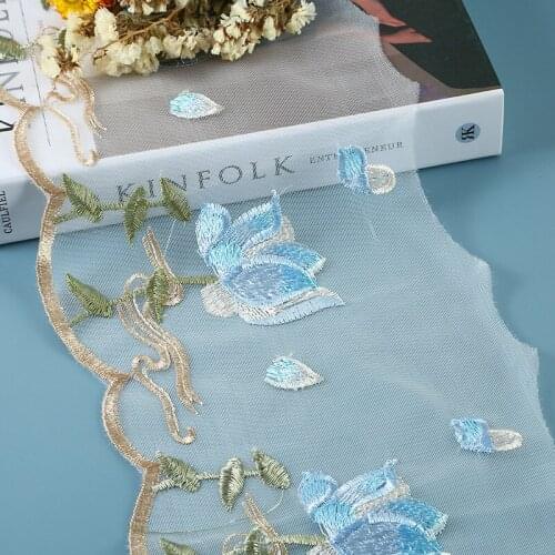 30Yards New Arrival Pink Blue Embroidery Lace Trim Fabric Wedding Dress Bridal Gown Clothing Free Shipping 20cm Width