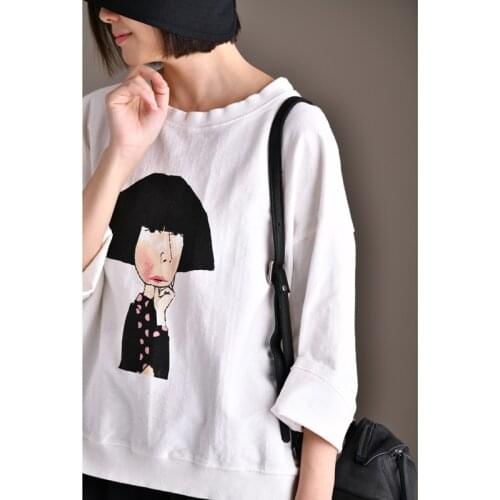 MICOCO T2052 Printed art cartoon spring seven-minute sleeve shirt with cotton round collar
