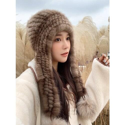 Fashion lady cap real mink hair hand knitted ear cap winter bomber hats free shipping