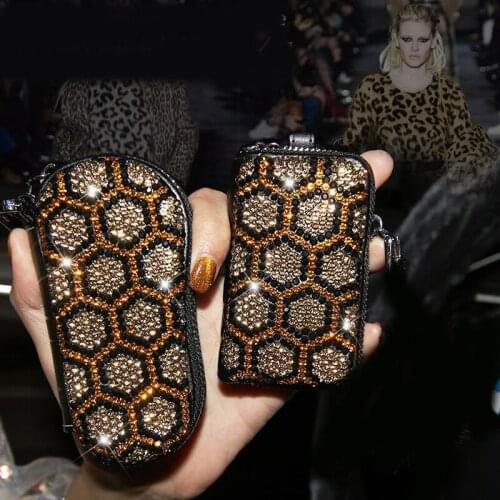 Fashion Leopard Print Crystal Car Key Holder For Women Leather Key Wallet Housekeeper Zipper Key Chain Organzier Key Pouch Case