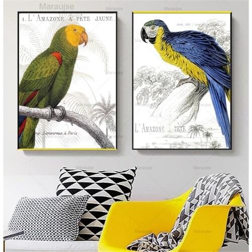 Retro Bird Art Parrot Hanging Wall Art Poster Vintage Canvas Pictures For Living Room Decoration Wall Decor Modern Minimalist