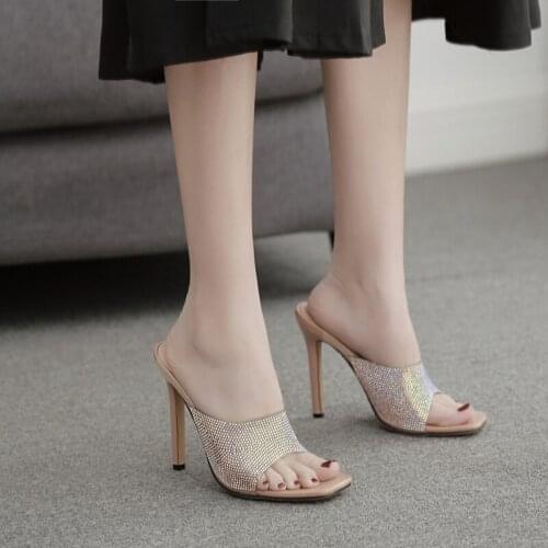 2021 New Square toe transparent PVC rhinestone slippers women sexy high heels ladies sandals crystal party wedding shoes apricot