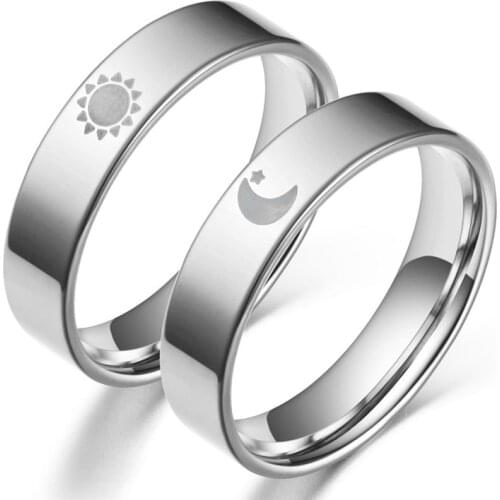 Stainless Steel Valentines Day Gifts Couple Rings Women Men Wedding Ring for Lovers Black Simple Moon Sun Letdiffery