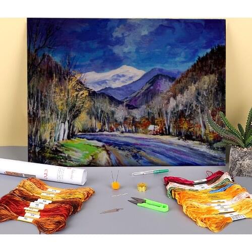 Landscape Winter Etude Printed Water-Soluble Canvas 11CT Cross-Stitch DIY Embroidery Complete Kit DMC Threads Floss