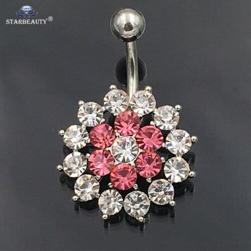 Starbeauty Full Crystal Gem Flower Belly Piercing Nombril 14G Stainless Steel Barbell Piercing Sexy Body Piering Jewelry Women