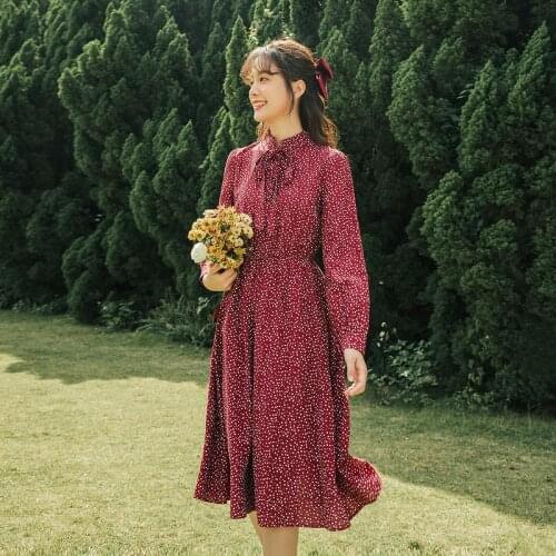 INMAN 2021 Spring New Arrival Standing Collar Long Sleeve Dress Small Floral Print Bow Decoration Lady Art Womens Dress