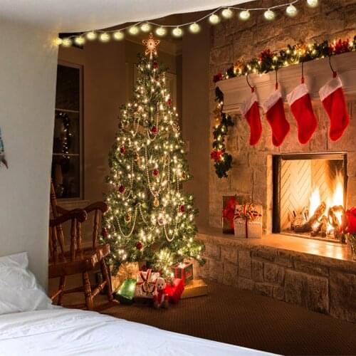 Christmas Tapestry Fireplace Style Warm Feeling Beautiful Home Decoration Cool Polyester Thin Christmas Wall Hanging Cloth