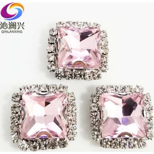 Pink square shape high quality Crystal glass buckle,silver base sew on rhinestones with holes for Diy/jewelry accessories SQK24