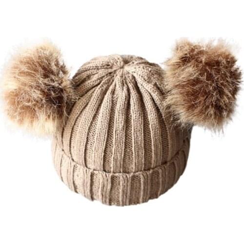 Newborn Baby Caps Kids Girls Boys Winter Warm Knitted Hat With Furry Balls Solid Warm Wool Beanie Caps 1-4T