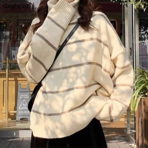 Turtleneck Sweater Striped Thicker Long Sleeve Winter Women Harajuku Simple Ulzzang Pullover All-match Basic Fashion Leisure New