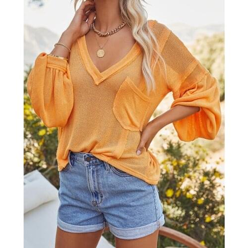 Spring Deep V-Neck Lantern Sleeve Top Women Shirt 2021 New Elegant Office Lady Loose Shirts Ladies Clothes Leisure Loose Top