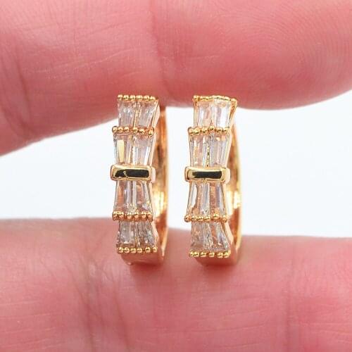 Gold Color Women Fashion White Cubic Zirconia CZ Bowknot Huggie Hoop Earrings Jewelry