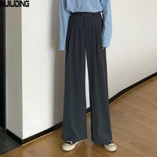 Womens Solid Elastic High Waist Wide Leg Pants 2020 New Autumn Winter Long Trousers Female Loose Double button Suits Pant Mujer