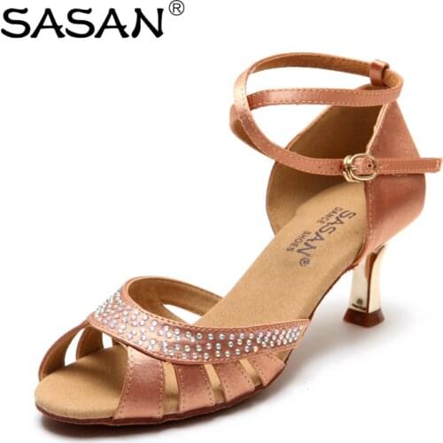 Latin dance shoes woman Adult high-heeled Soft bottom Anti-skid wear Have Drill Square dance Sports Women Shoe SASAN gold heel