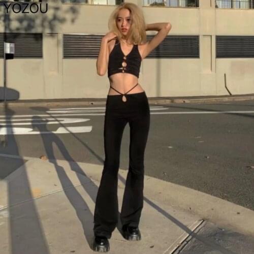 YOZOU 2021 Women Vintage Drawstring High Waist Slim Black Solid Lace Up Elastic Flared Trousers Long Pants for Female YL-485