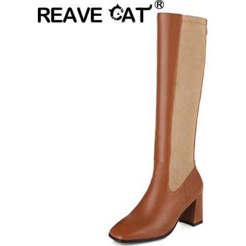 REAVE CAT 2021 Fashion Lady Knee High Boots Knight Zip Patchwork Square Toe 7.5CM Block Heel Size 31-49 Black White Brown A4442