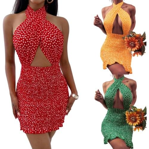 2021 New Backless Tie Up Short Wrap Bodycon Sundress Women Sexy Cross Halter Mini Sheath Dress Party Ladies Cutout Front Dress