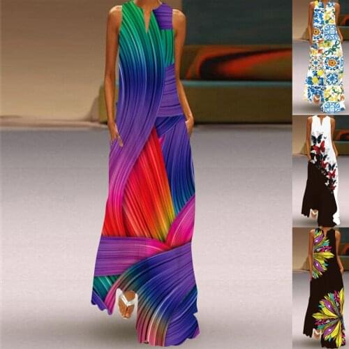 Long Pencil Dress 2021 Fashion Flower Printed Temperament Elegant Casual Retro Sleeveless V-neck Ankle-Length Ladies Dresses