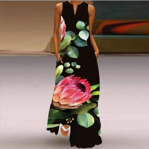 Vintage Print V-neck Sleeveless Summer Dress Elegant Women 2021 Dress Plus Size Casual Ladies Pocket Party Long Dresses Vestidos