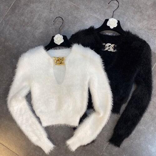 Winter Fashion Gold Chains Pullovers Women Sexy V Neck Long Sleeve Slim Femme Tops 2020 Autumn New Vintage Knitted Sweaters