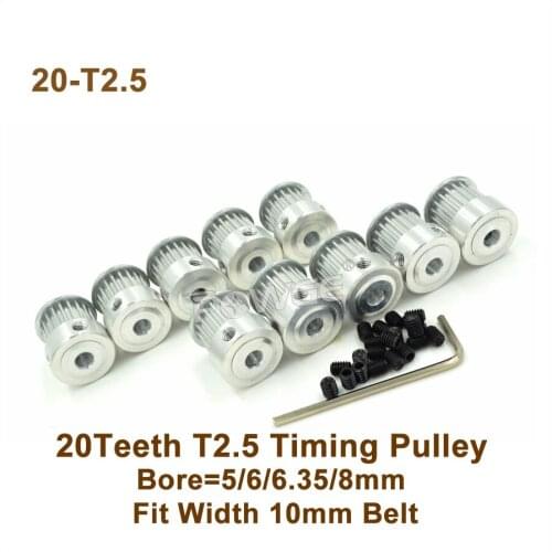 POWGE 20Teeth T2.5 Timing Pulley Bore 5/6/6.35/8mm For Width 10mm T2.5 Timing Belt For 3D Printer 20T 20 Teeth T2.5 Pulley