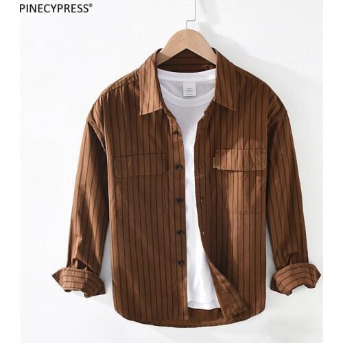 100% Cotton Anti-static Anti-pilling Quality Man Spring Summer Autumn Stripe Loose Long Sleeve Male Pockets Men Casual Shirt