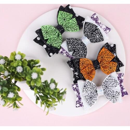 20 Pcs/Lot, Halloween Spiderwebs Glitter Hair Bow Clips, Spooky Glitter Bow Hair Clips
