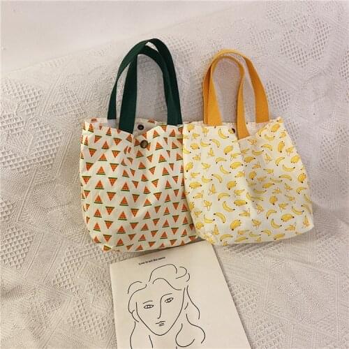 20 Styles Women Canvas Handbags Tote Fruit Printing Picnic Lunch Bags Lunch Kit Girls Casual Mini Summer Cloth Shoulder Bags