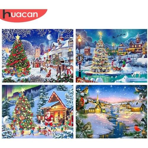 HUACAN 5d Diamond Painting Christmas Tree DIY Diamond Embroidery Landscape Mosaic House Needlework Home Decor