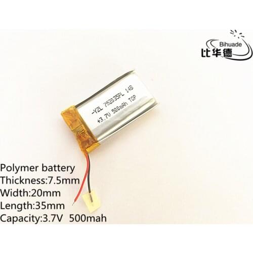 Free shipping 5pcs/lot Polymer battery 500 mah 3.7 V 752035 smart home Li-ion battery for dvr GPS mp3 mp4