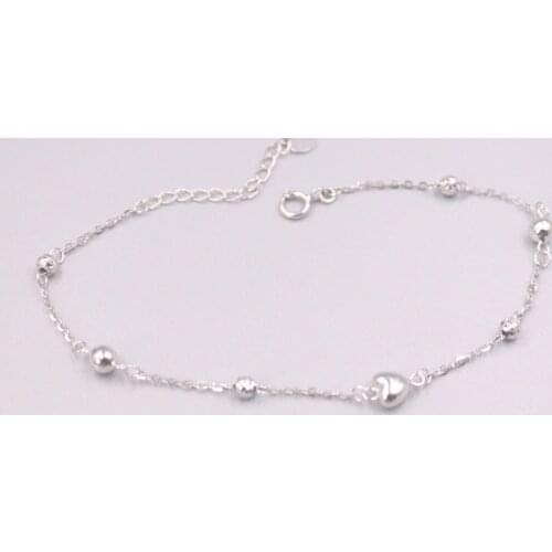 Pure 18K White Gold Bracelet Lucky Beads Heart O Link Chain Adjustable Bracelet Woman Gift 2-2.1g