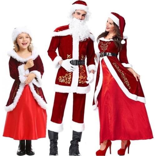 Christmas Sexy Red Luxury Velvet Santa Claus Cosplay Dress New Year Masquerade Elves Parent-child Costume