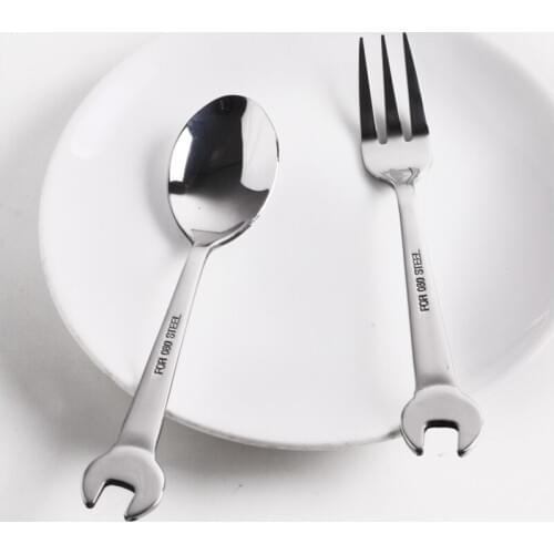 Spanner Shape Soup Scoop Stainless Steel Dessert Scoop Mirror Polish Main Fork Creative Silver Steak Fork Dinnerware 4pcs/set