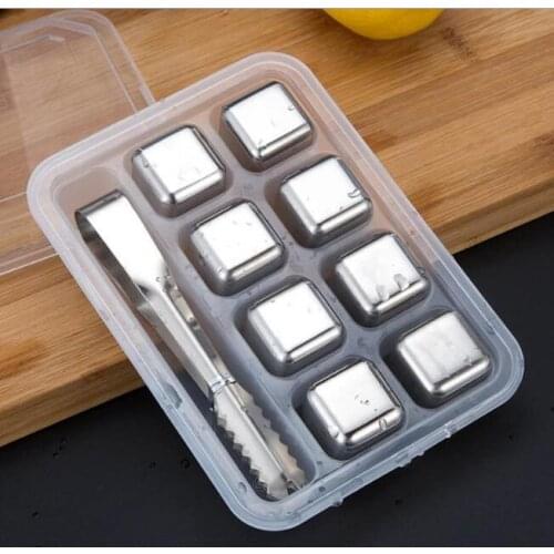 70sets Stainless Steel Whisky Stones Ice Cubes Glacier Cooler Stone Whiskey Rocks 8pc ice cube +1pcs clip KTV Bar Tools#36410
